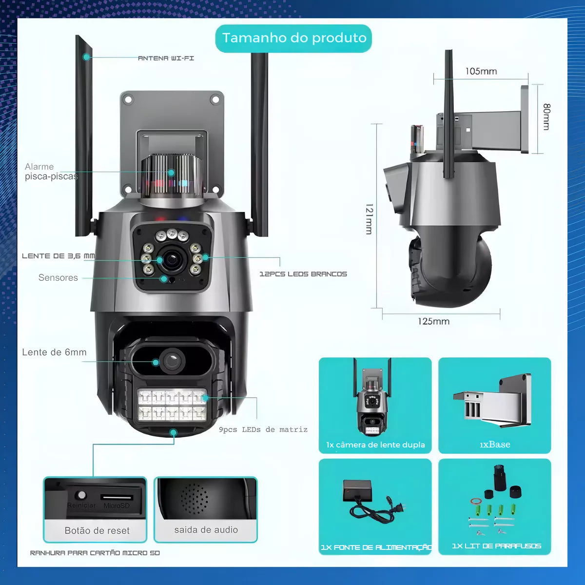 Câmera Wi-fi 4k 8mp Tela Dupla Visão Noturna Luz Polícial Cor Cinza-escuro Icsee MB-841-A18