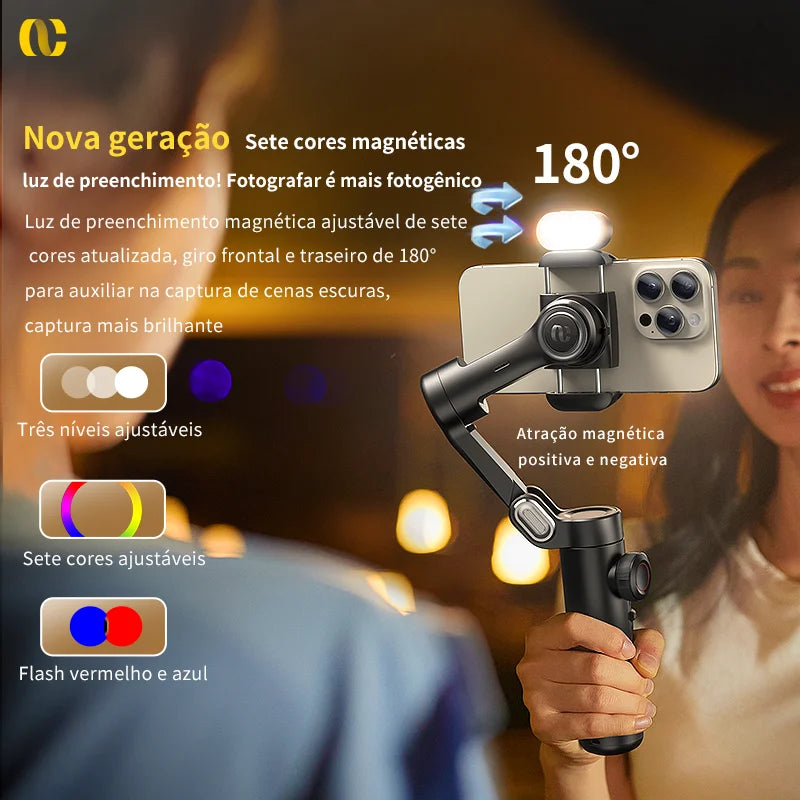 Paul de  Selfie AOCHUAN 3-Axisão Portátil Estabilizador cardam para Smartphone com luz de preenchimento para iPhone Android Face Tracking Tiktok Vlog Smart XE