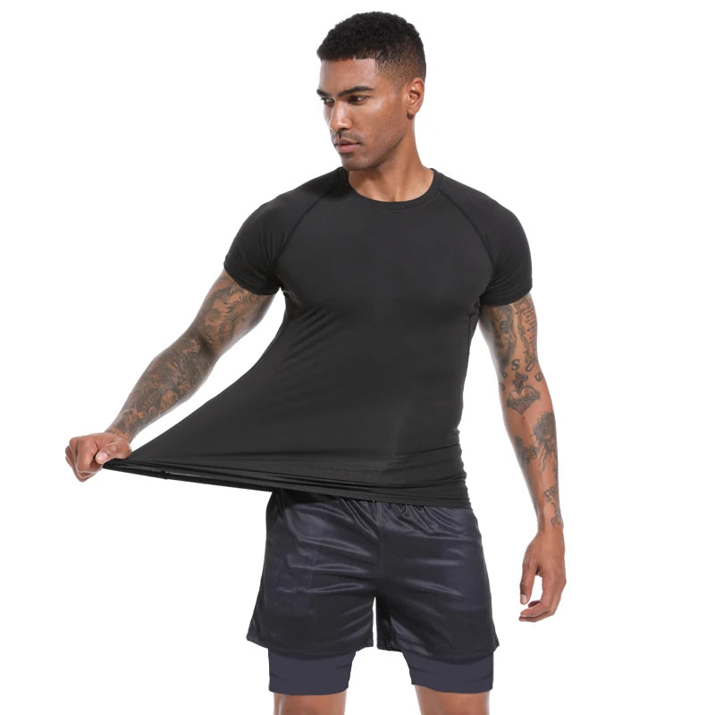 Camiseta masculina treinamento ao ar livre fitness ginásio jogging correndo moletom bat/-homem camisas de compressão apertado elástico respirável