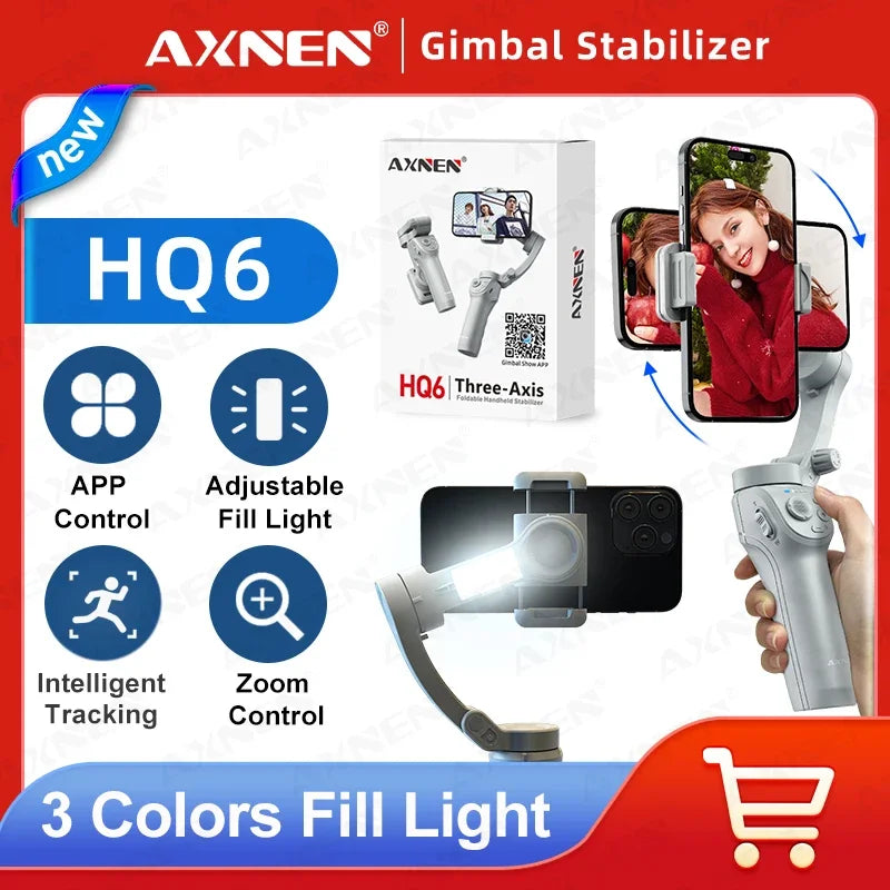 Pau de Selfie AXNEN HQ6 Gimbal para Smartphone, Gimbal Portátil de 3 Eixos, com Rastreamento Inteligente, Luz de Preenchimento, Zoom, Estabilizador para iPhone Android