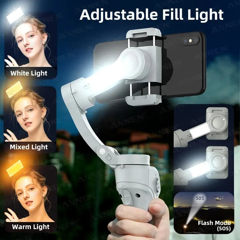 Pau de Selfie Estabilizador portátil gimbal de 3 eixos HQ6 para celular, com luz de preenchimento