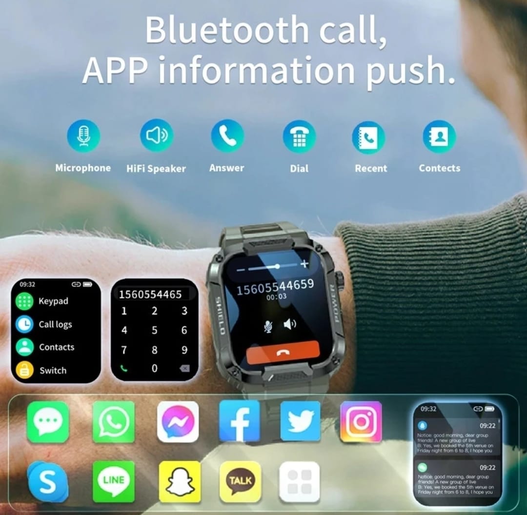 Relógio inteligente militar robusto masculino para Android IOS Ftiness Watches IP68 à prova d'água 1,85'' AI Voice Bluetooth Call Smartwatch