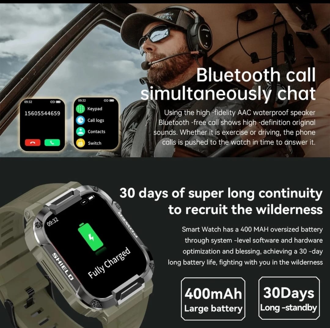 Relógio inteligente militar robusto masculino para Android IOS Ftiness Watches IP68 à prova d'água 1,85'' AI Voice Bluetooth Call Smartwatch