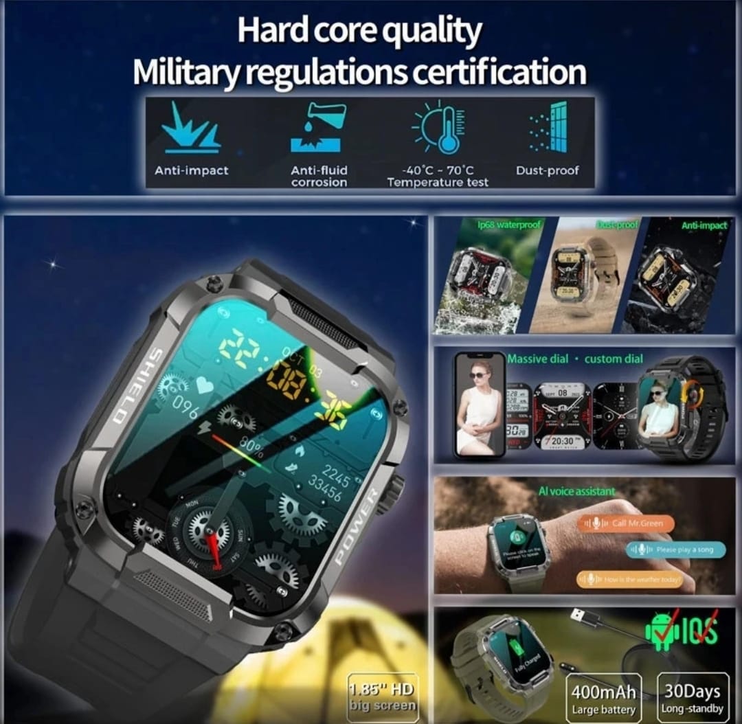 Relógio inteligente militar robusto masculino para Android IOS Ftiness Watches IP68 à prova d'água 1,85'' AI Voice Bluetooth Call Smartwatch