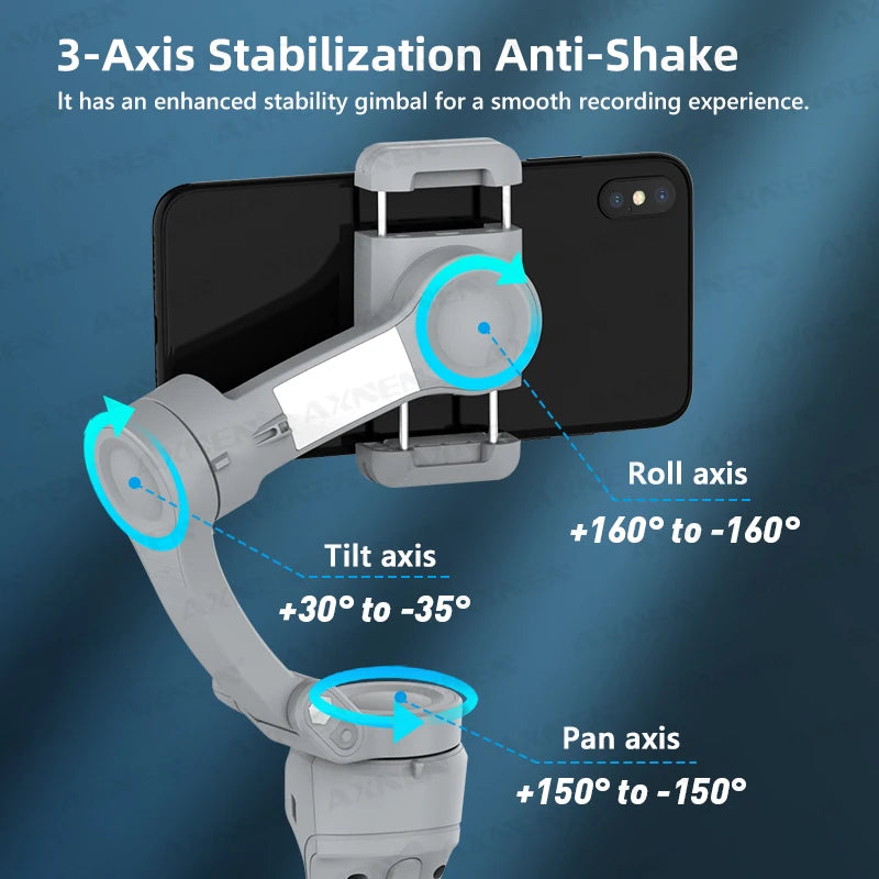 Pau de Selfie AXNEN HQ6 Gimbal para Smartphone, Gimbal Portátil de 3 Eixos, com Rastreamento Inteligente, Luz de Preenchimento, Zoom, Estabilizador para iPhone Android