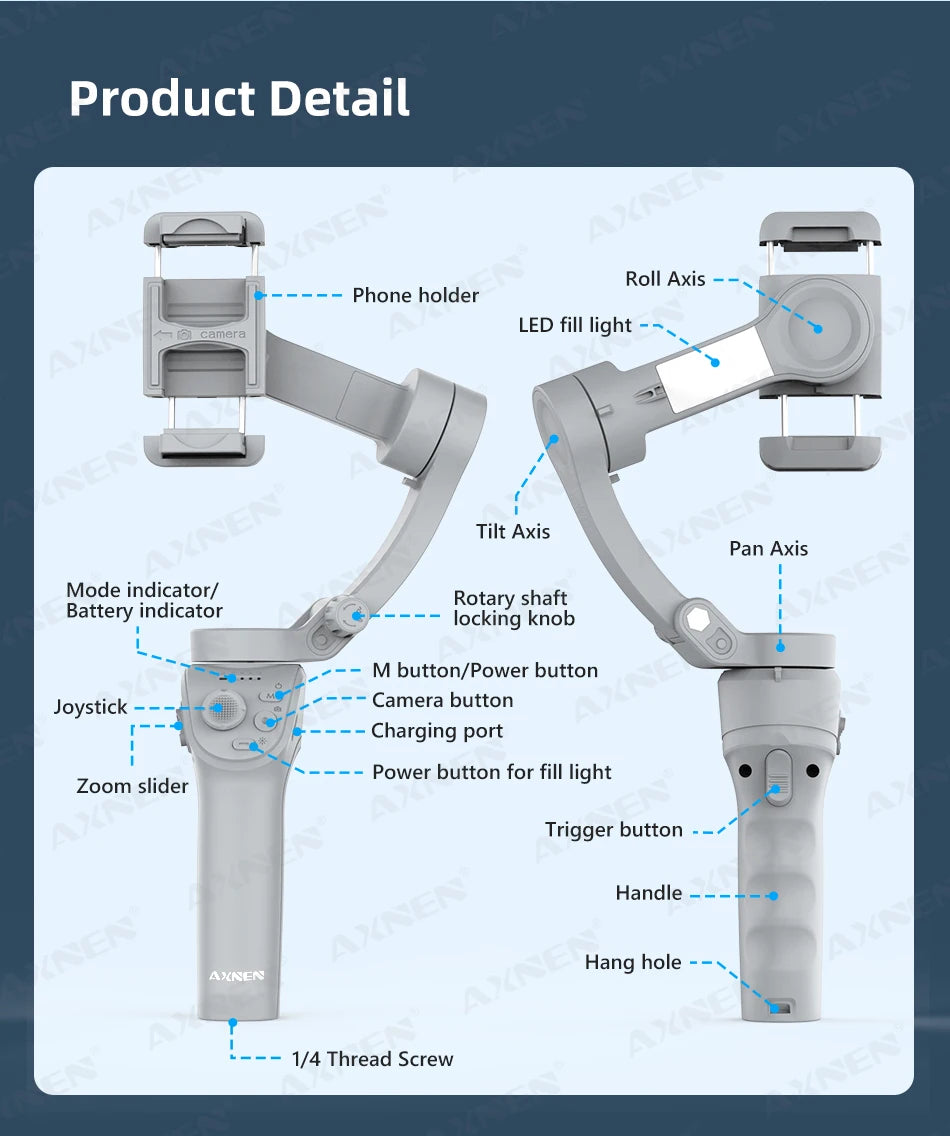 Pau de Selfie Estabilizador portátil gimbal de 3 eixos HQ6 para celular, com luz de preenchimento