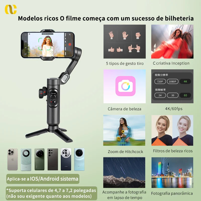 Paul de  Selfie AOCHUAN 3-Axisão Portátil Estabilizador cardam para Smartphone com luz de preenchimento para iPhone Android Face Tracking Tiktok Vlog Smart XE