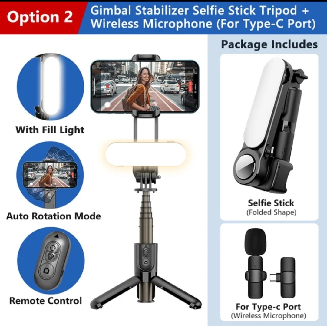 Pau de Selfie Gimbal Estabilizador Selfie Vara Tripé, Suporte de célula, Smartphone Stand, Câmera celular, iPhone, Android Mobile, Luz LED